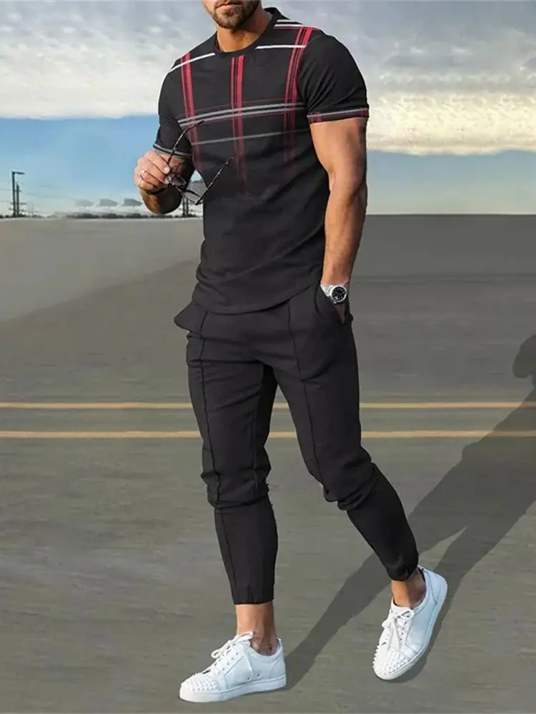 2023 Men\'s Summer Tracksuit 2 Piece Sets Short Sleeve T-Shirt+ Sweatpants Trousers Set Fashion Men Oversized Streetwear Clothing