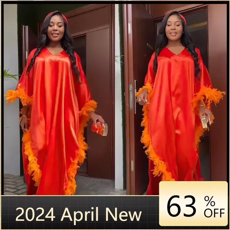 

Feather African Dresses for Women 2024 Traditional Nigeria Wedding Plus Size Abaya Dubai Boubou Dress Muslim Robe Femme Clothes