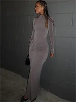 Tossy Pleated Fashion Patchwork Long Dress Women's High Waist Long Sleeve Solid Slim Party Dress Summer 2024 Female Maxi Dress - Image 3