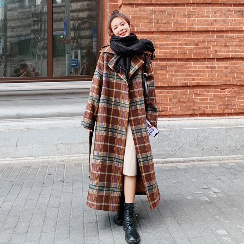 2022 Autumn And Winter New Temperament Retro Simple Medium And Long Loose Plaid Belt All-match Woolen Coat Women's Trend