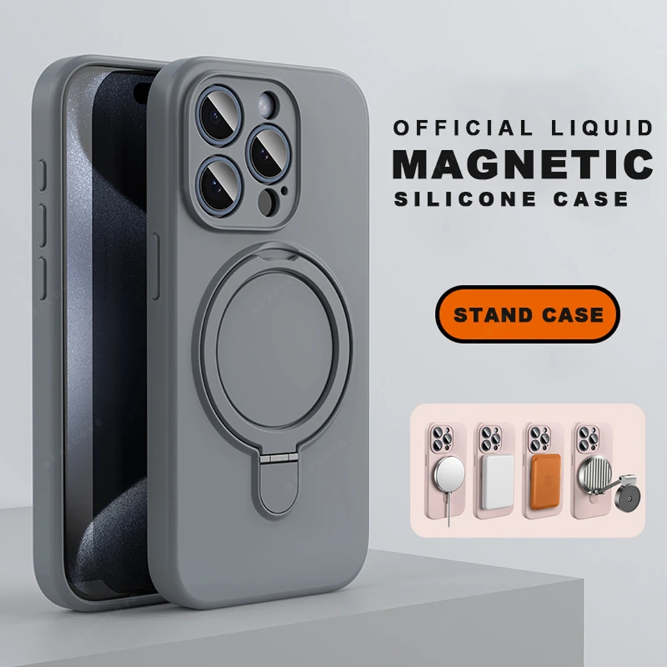 Magnetic Liquid Silicone Phone Case with Magsafe Ring and Stand - Shockproof Protector Cover