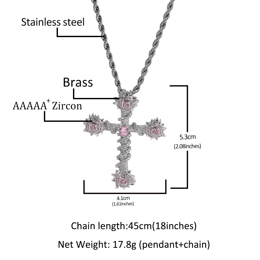 THE BLING KING Spiny Cross Pendant Necklace Iced Out Pink Cubic Zirconia Choker Hihop Jewelry For Girls Women Gift