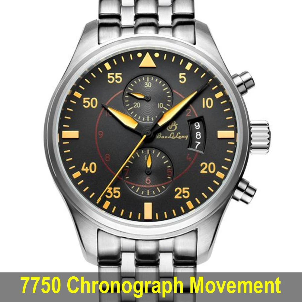 Orologio Cronografo Pilota Da Uomo 7750 Chrono Orologi Automatici Vintage 46Mm Orologi Da Polso Meccanici Orologio Militare Airforce Baolilong