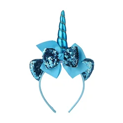 Unicorn Sequin Ribbon Bow Hairband for Kids - Cute Party & Photography Prop (Blue)