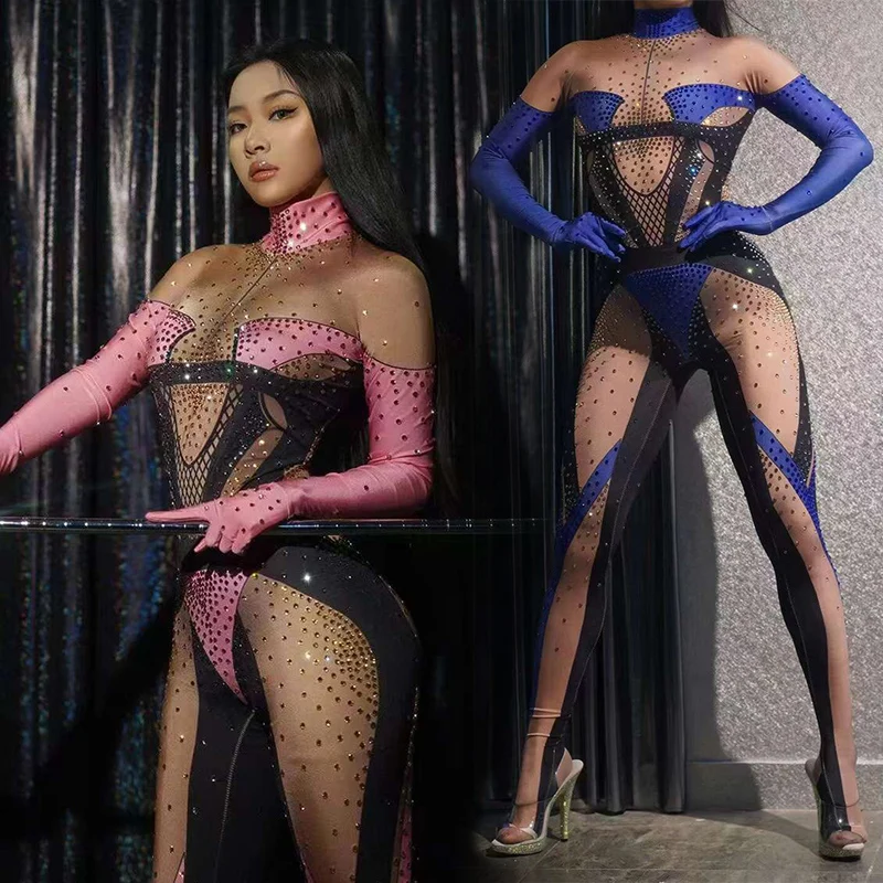 PoleDanceCostumeStretchRhinestoneJumpsuitSingerDancerStageWear