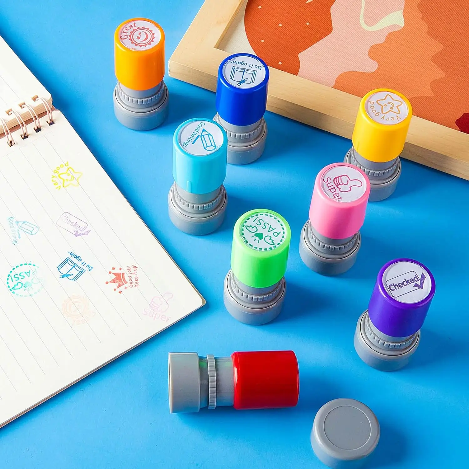 8-Pack Teacher Stamps Self-Refilling Ink Teacher Stamp Set Picture Stamps Motivational Color Supplies Hom