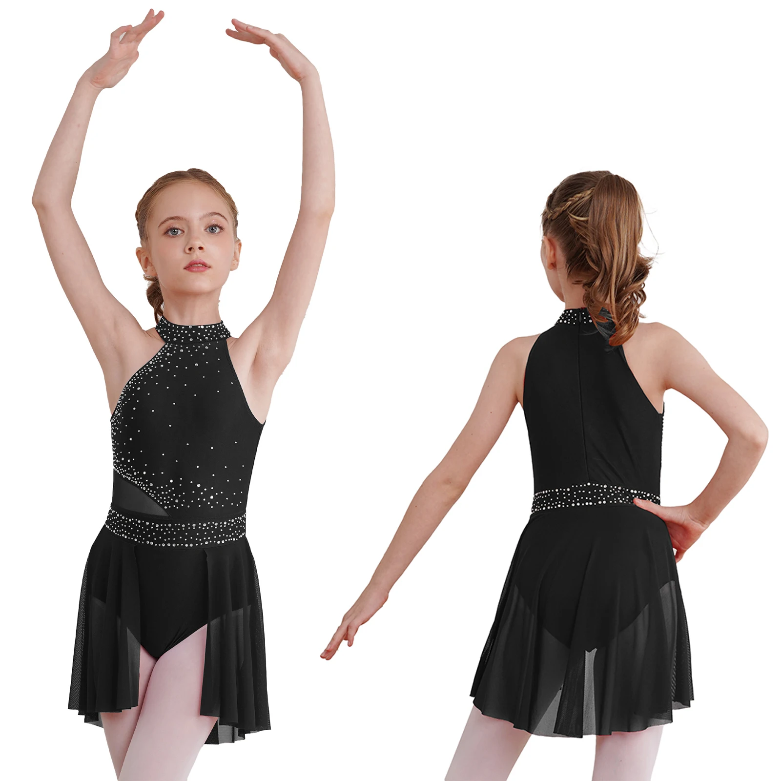 

Gymnastics Tight Fitting Ballet Dance Skirt Jumpsuit for Kids Girls Glittery Rhinestone Latin Jazz Ballet Dance Leotard Costume