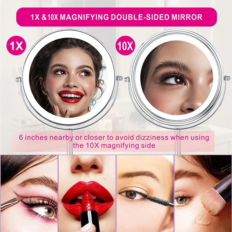 8inch 10X Magnifying LED Makeup Mirror with 3 Color Light Touch Switch Double Side USB Charging Desktop Vanity Cosmetic Mirror 2