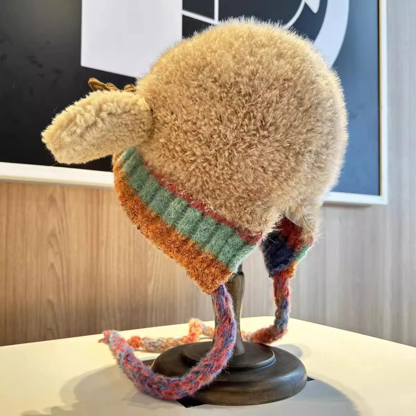 사슴 모양 보관함 2-in-1 니트 루돌프 비니 모자 플러시 따뜻한 뿔 모자 여성용 크리스마스 선물