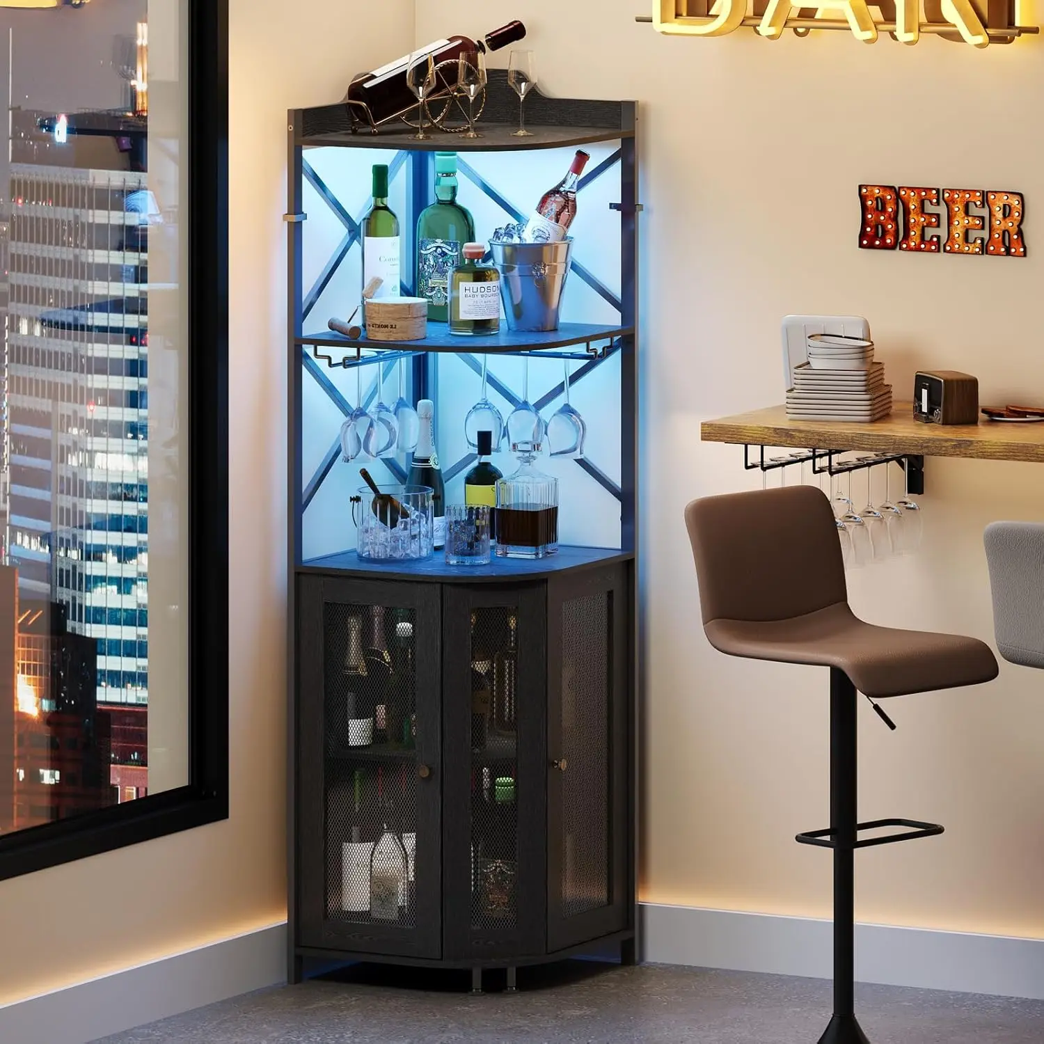 Industrial Corner Bar Cabinet with LED Lights, 5-Tier Wine Storage with Glass Holder and Door, Black Home Bar Furniture