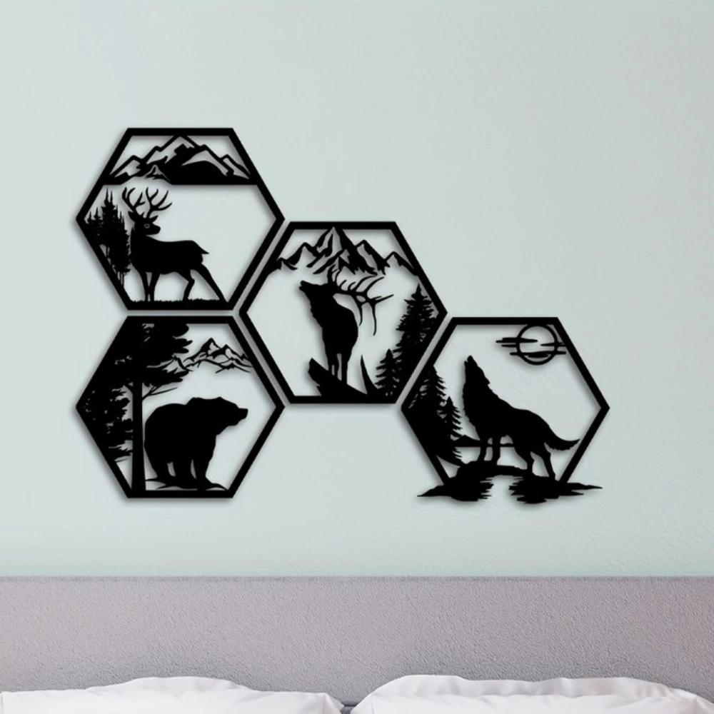 

4pcs Decorative Frames Elk Deer Wolf Bear Hexagonal Metal Wall Sculpture Leaked Black, Rustic Forest Decor Wilderness Decor