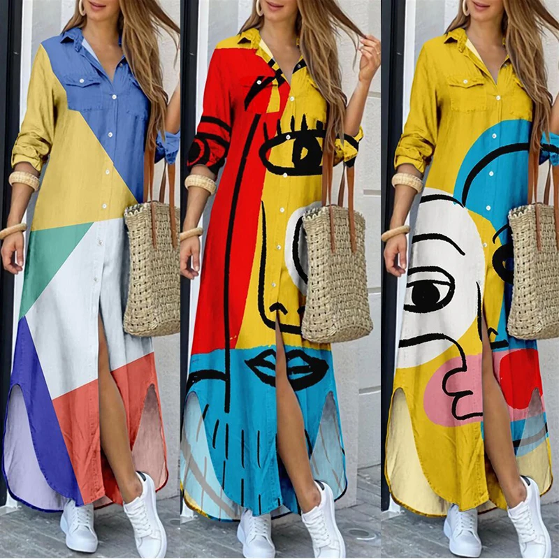 

2023 Women Fashion Shirt-style Button Dress Ladies Casual Long Streetwear Dresses Loose Home Commuter Print Summer Dress Female