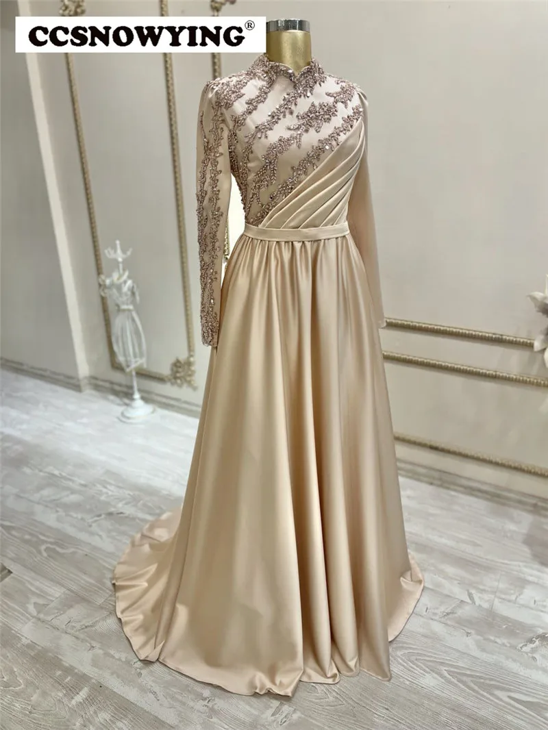

Champagne Long Sleeve Muslim Evening Dresses Hijab Islamic Formal Party Gown High Neck Appliques Arabic Kaftan Robes De Soirée