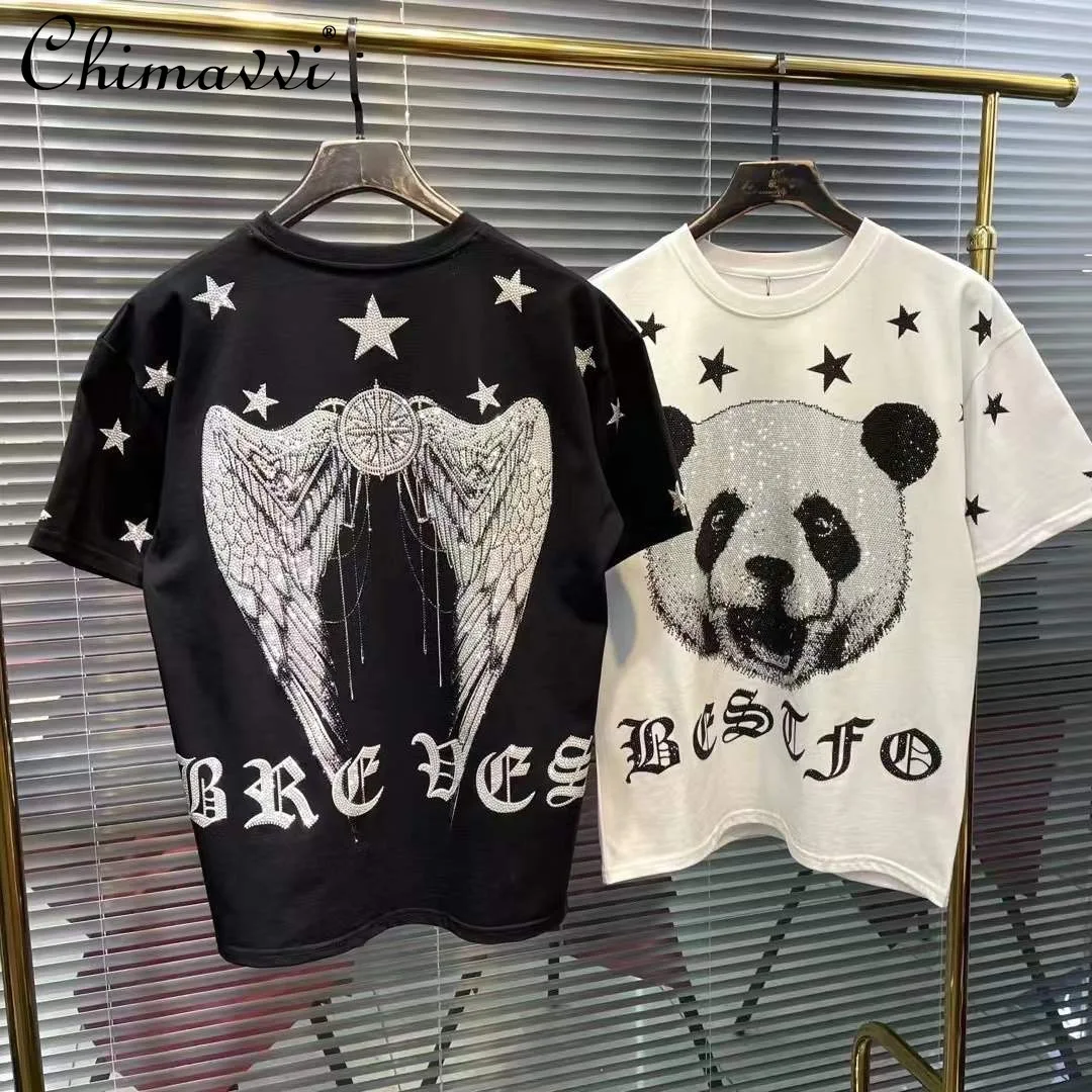

Spring Summer New Fashion Rhinestone Cartoon Short-Sleeved Men's Large Size Top Round Neck Loose Printed Wings Handsome T-shirt