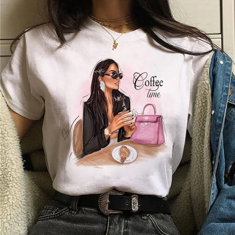

Модная женская футболка с принтом кофейного времени и девушки, женские летние повседневные топы, футболка 90-х, милые женские футболки в стиле Харадзюку
