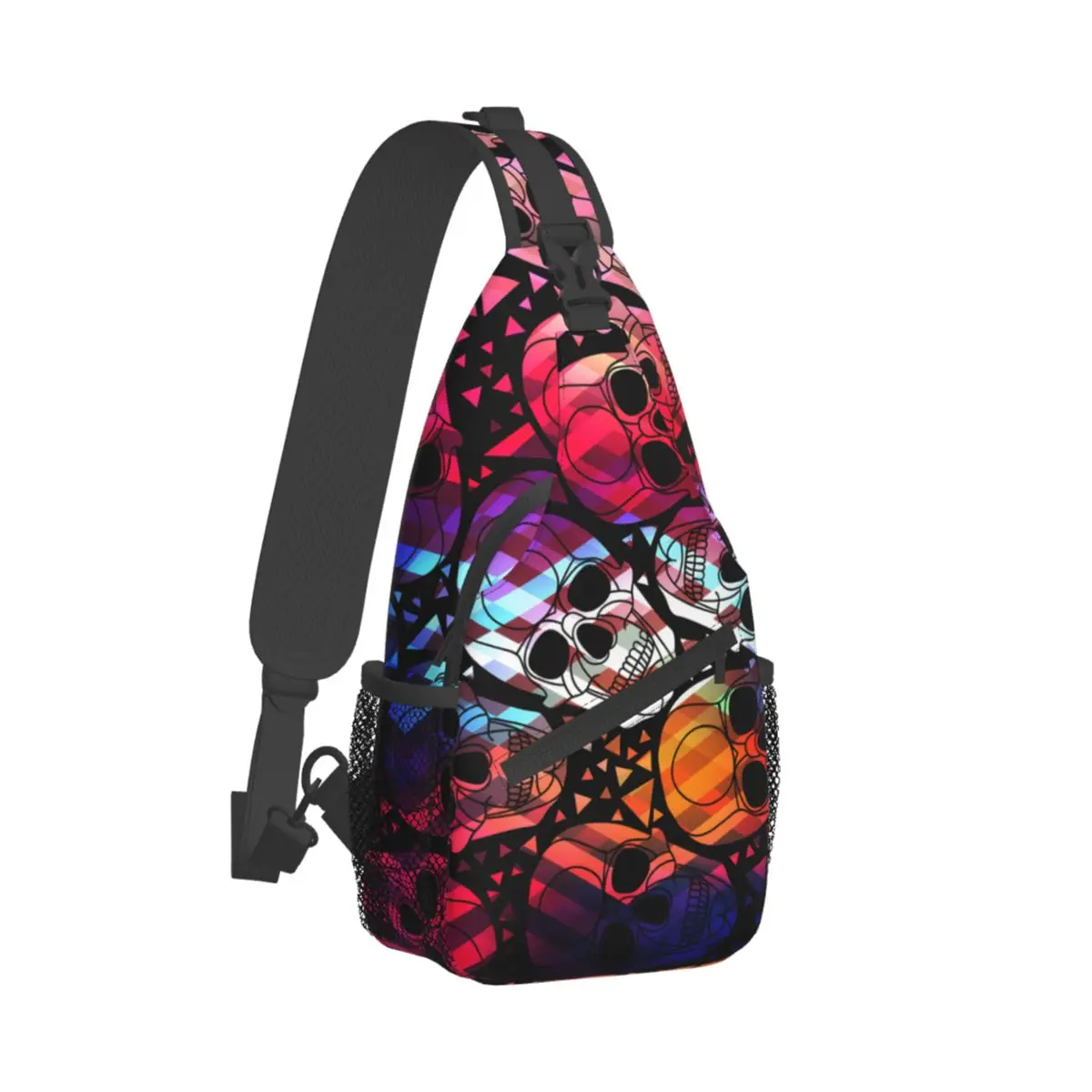 

Skull With Polygonal Ornament Crossbody Chest Bags Neon Pattern Pockets Travel Pack Messenger Sports Teens Shoulder Bag Unisex