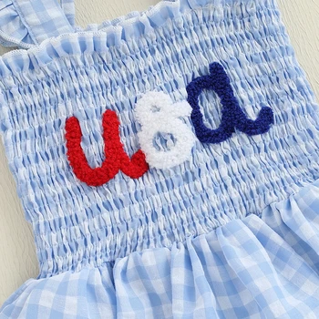 Independence Day Plaid Dress with Embroidered Stars and Stripes Smocked Flying Sleeve Ruffle Dress for Girls Summer Outfit 2