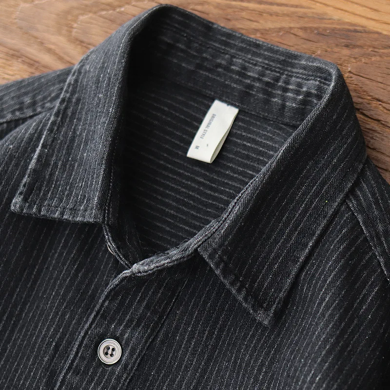 Heavyweight Washed Distressed Denim Shirt For Men Long-Sleeved Amekaji Thickened Loose Workwear Striped Shirt Men's Jacket