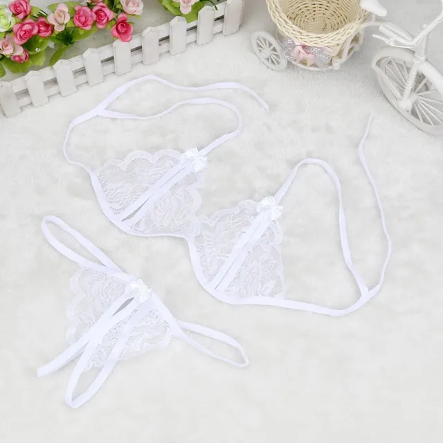 Women's Sexy Lingerie Suit Temptation Embroidery Sheer Intimates Female Lace Up Push Up Bras And Thong Set Sexy Erotic Pajamas 3