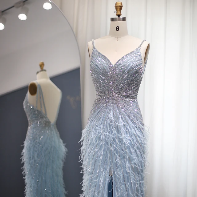Sharon Said Luxury Beaded Blue Feather Prom Dress Sexy Spaghetti Straps Backless Rose Pink Evening Dress Arabic SS004 Customized 2