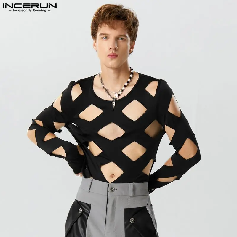 Men Bodysuits Solid Color Hollow Out Sexy O-neck Long Sleeve Men T Shirts Rompers Streetwear Fashion Bodysuit S-3XL