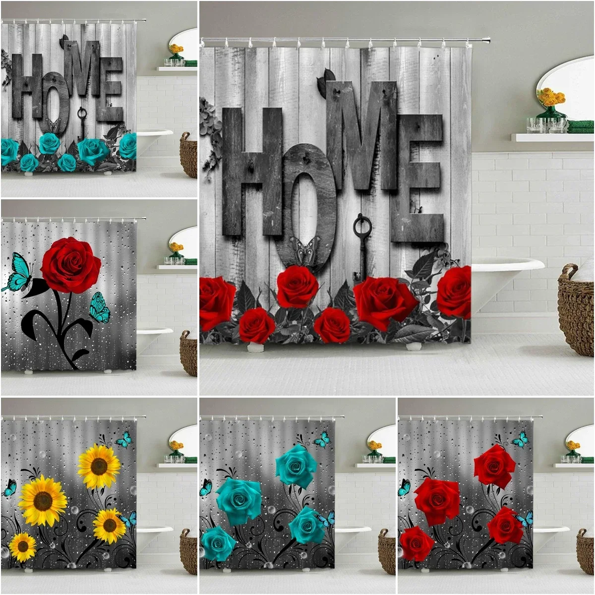 

Colorful Flower Shower Curtain Wooden Panel Background Water Beads Rose Daisy Sunflower Butterfly Yellow Red Bathroom Decoration