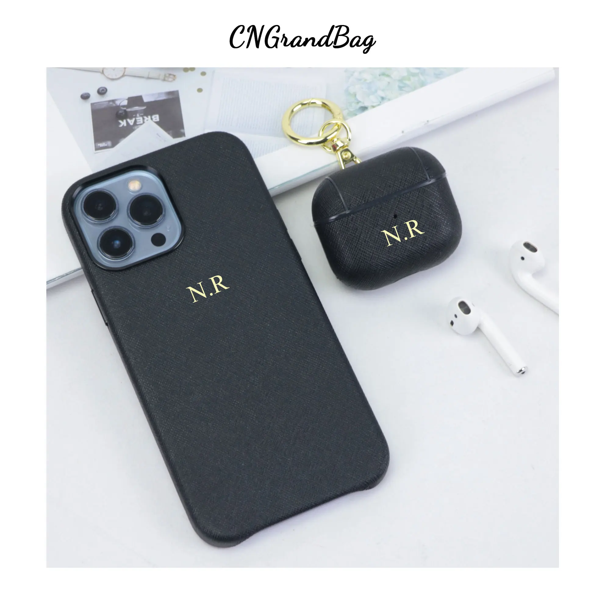 

New Customized Gift Set Luxury Saffiano Leather Mobile Phone Case for 14 13 12 PRO MAX Matched Airpods 1/2/3/Pro case Keychain