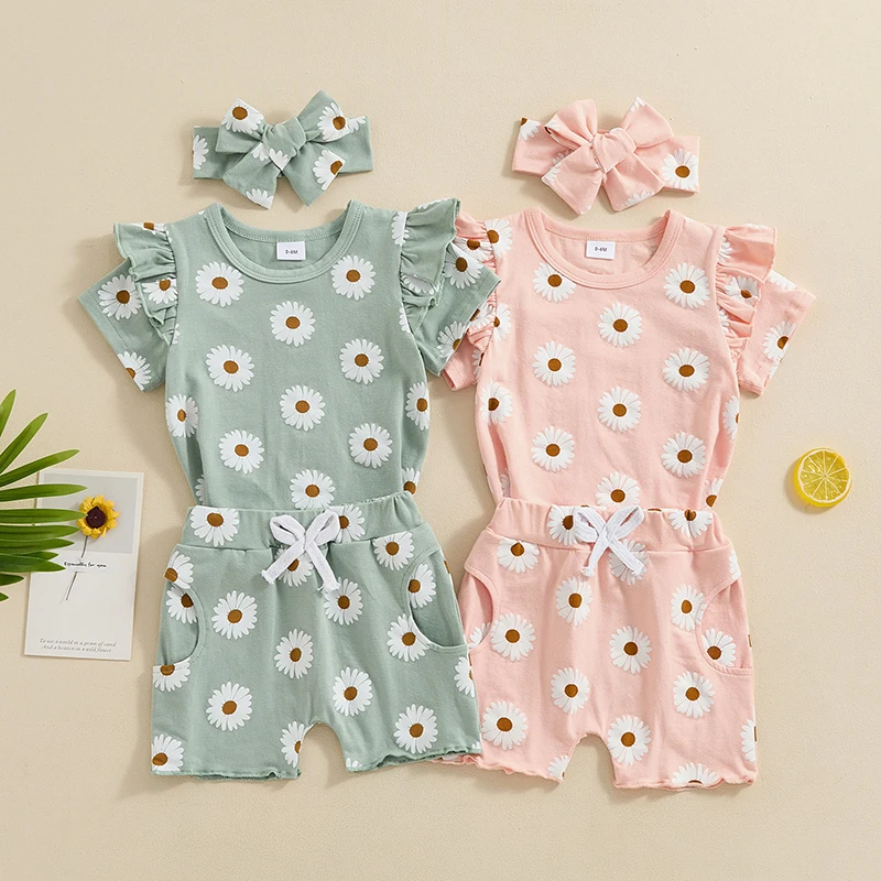 2024-03-25 lioraitiin Summer Baby Girls Outfits Floral Print Short Sleeve T-Shirt and Shorts Cute Headband Set 3PCS Clothes