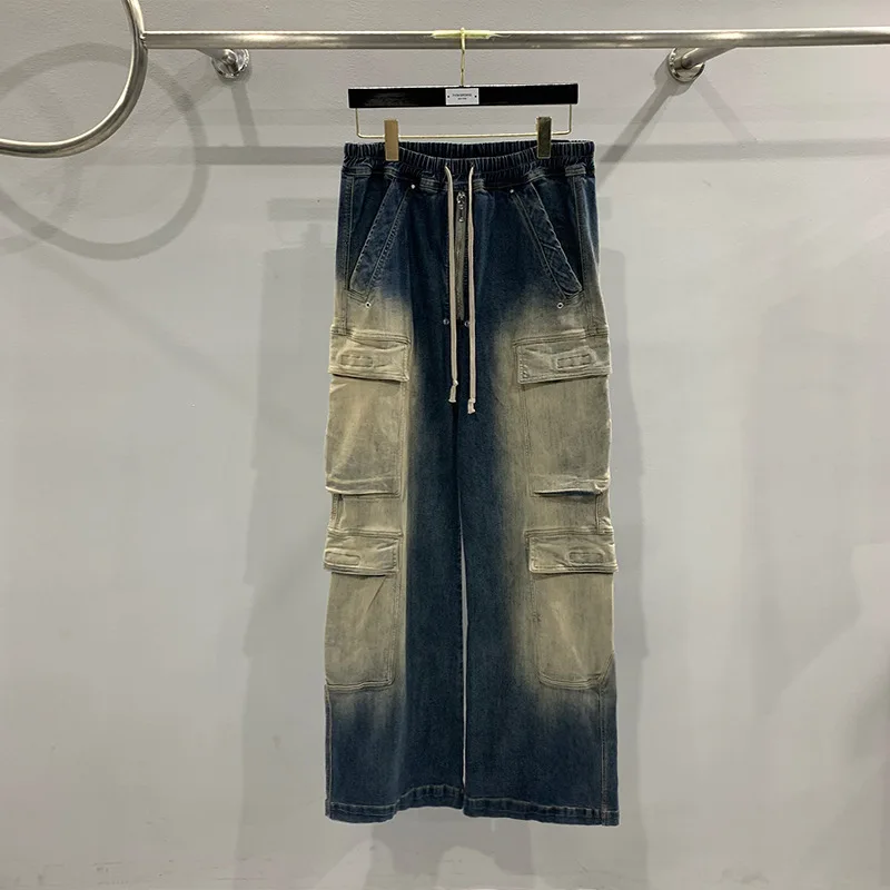 

2023 Rick Baggy Jeans Men Women 1:1 Pants Y2k Ro Owens New Streetwear Stream Gradient Color Clash Multi-Pocket Denim Trousers