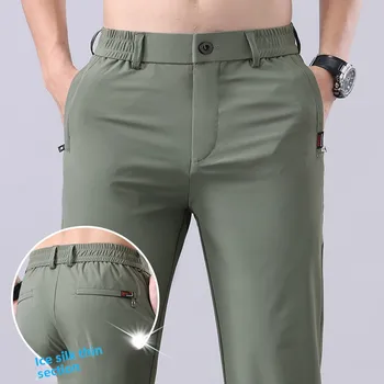 Pantaloni di seta di ghiaccio da uomo nuovi estivi Coreano Y2K Pantaloni sportivi elastici per tutti i fiammiferi Pantaloni da abito dritti alla moda casual da ufficio 1