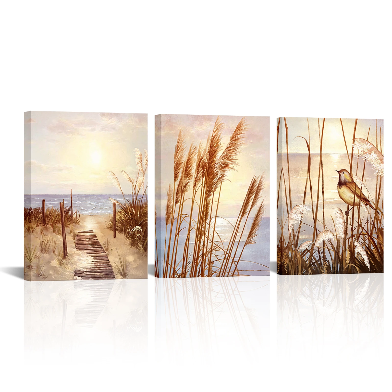 

3 Pieces Grass on The Coast Wall Art Canvas Painting Ocean Scenery Print Poster Modern Style Picture Living Room Wall Decor