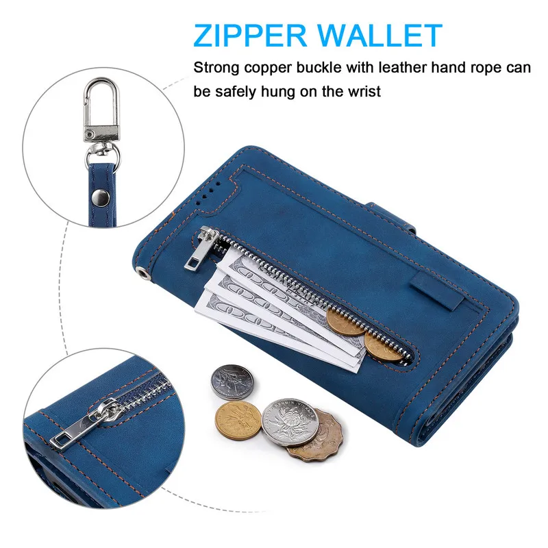 Premium Flip Leather Wallet Case with Zipper and Multi-Card Slots