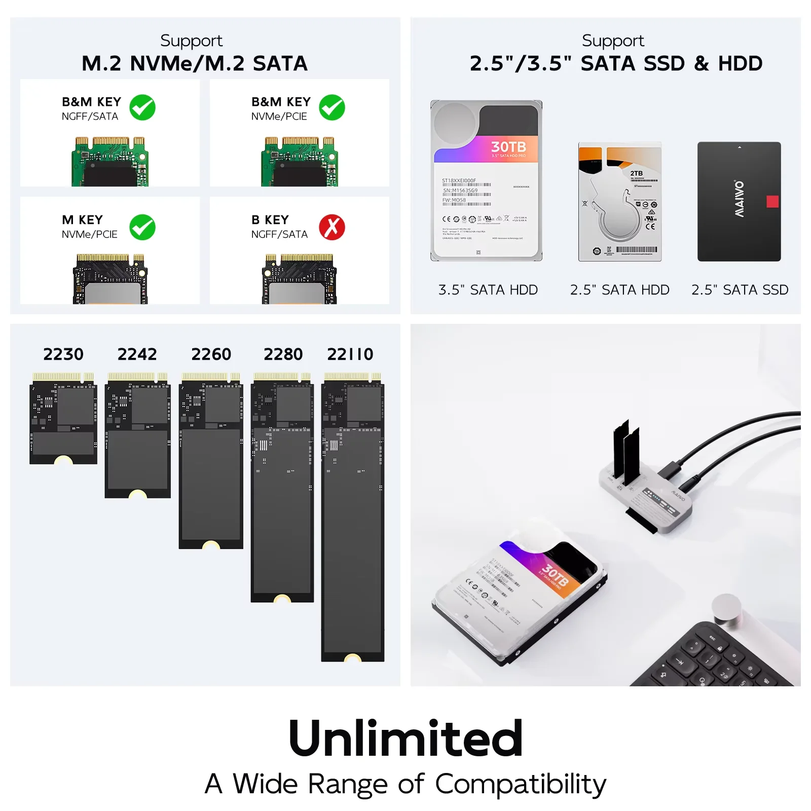 MAIWO 3베이 도킹 스테이션 M.2 NVMe SATA SSD 케이스 & 2.5/3.5인치 SATA HDD 인클로저, 30TB/8TB 지원, 오프라인 복제용 어댑터