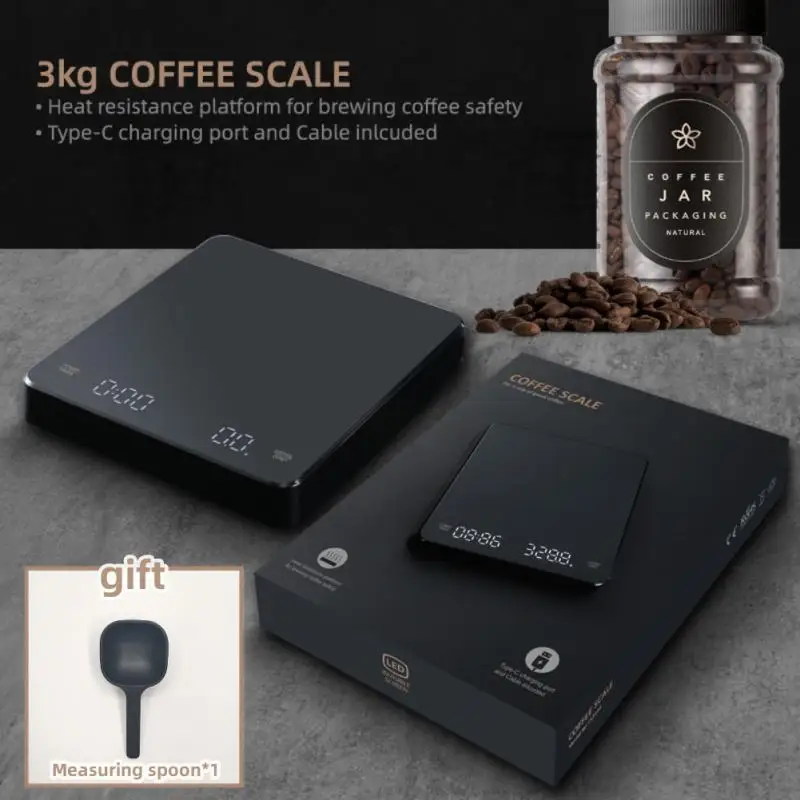 

Upgraded 3kg / 0.1g Led Screen Rechargeable Coffee Scale Timing Hand Brewed Coffee Electronic Scale Household Kitchen Scale