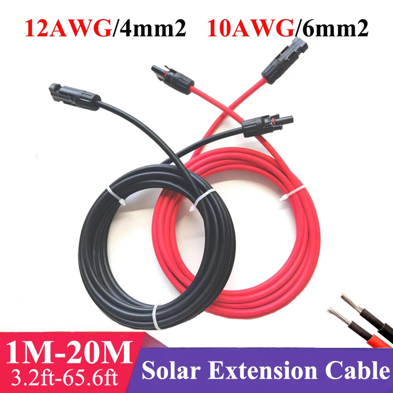 1쌍 태양광 연장 케이블 와이어 12 10AWG 4/6mm² 태양광 패널 태양광 컨트롤러용 암수 커넥터가 있는 빨간색 검정색