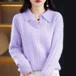 RONGNI Polo Collar Mink Cashmere Sweater Short Autumn And Winter New Woman Loose Pullover Wool Knitted Bottoming Shirt