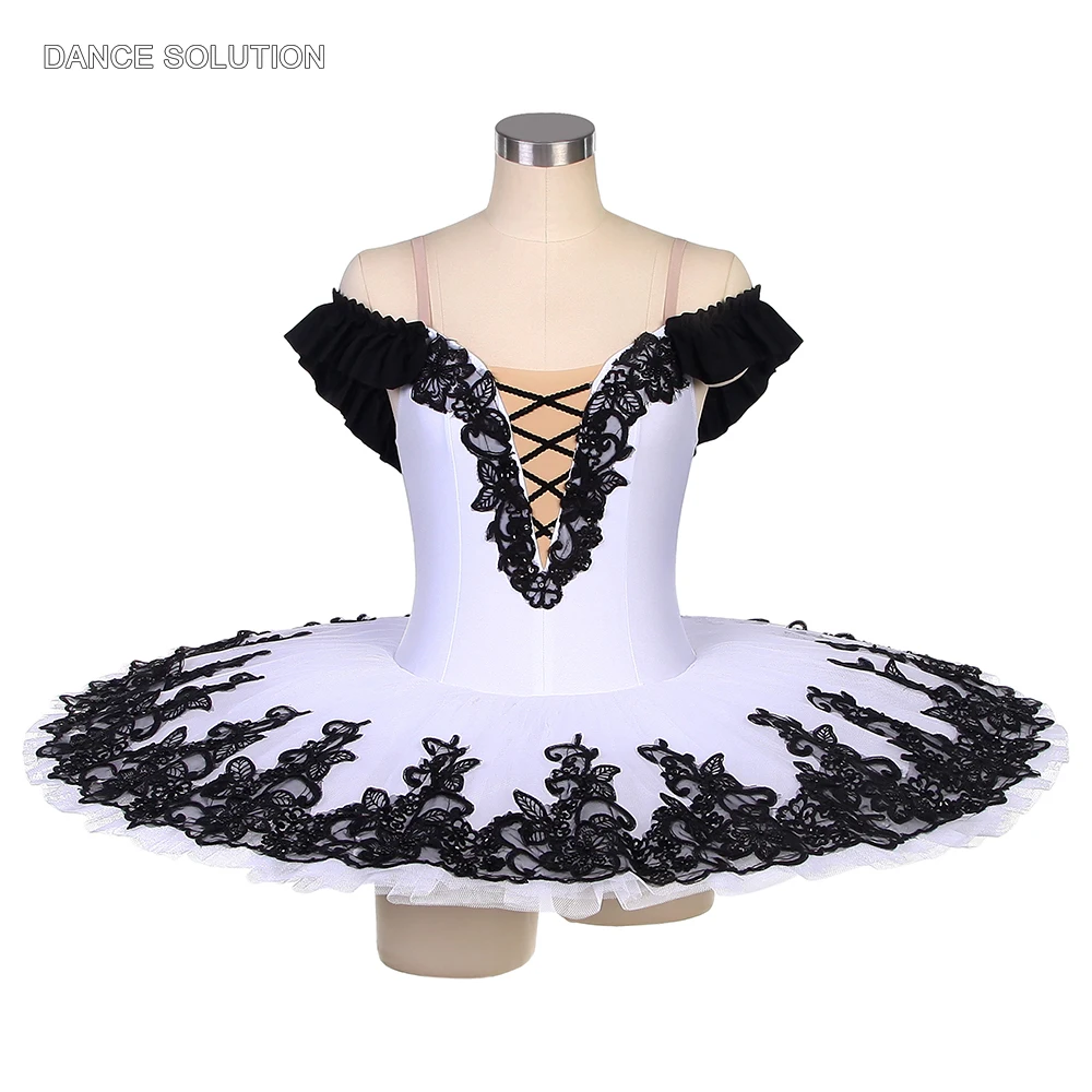 

White Off-shoulder Ballet Tutu Costumes with Black Lace Trims Adult and Child Ballerina Stage Performance Pancake Tutus BLL503
