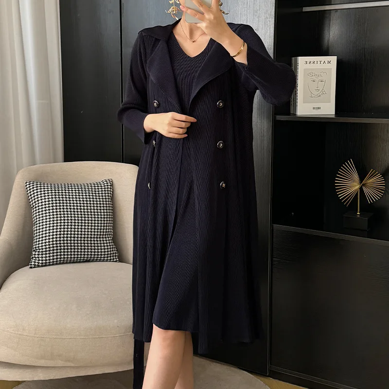 

Miyake Solid Color Pleated 2024 Dress Spring Autumn Lapel False Two-piece Versatile Long-sleeved Long-sleeved Swing Dress Female