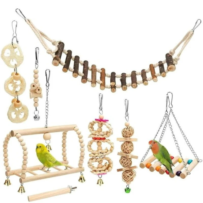 8pcs Bird Parrot Toy Set Chew and Stand Toys with Bells for Cockatiel