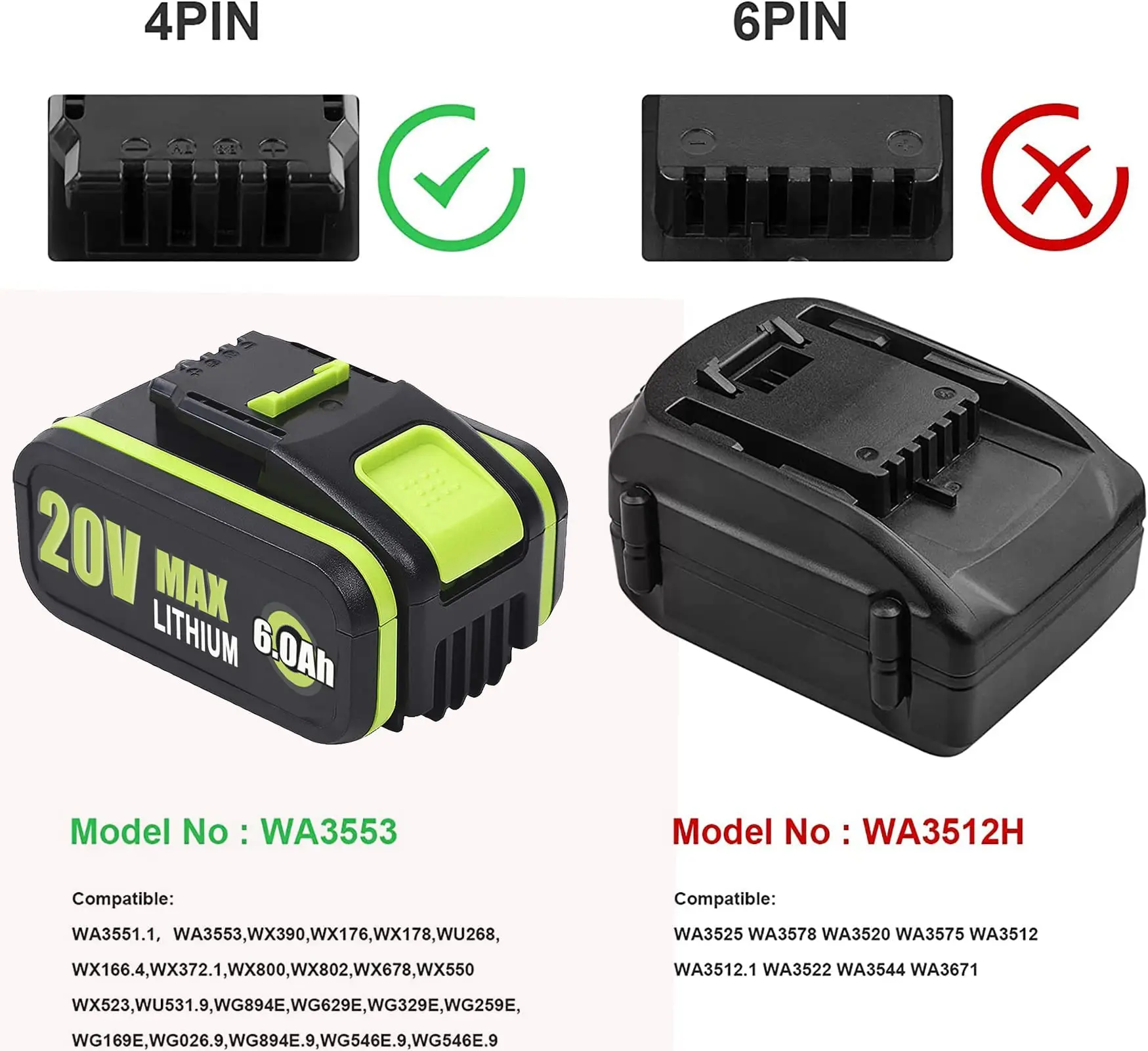 Bateria de Substituição Wa3553 Wa3551 para Ferramentas Elétricas de Bateria Worx 20v Wa3551 Wa3572 Wa3553 Wx390 Wa3551 Wx176 Wx178 Wu268 Wx16 6.4 - Image 6