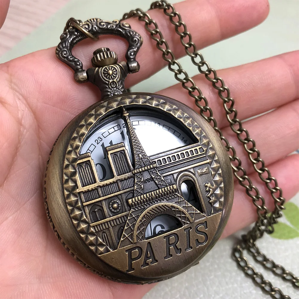 Paris Landmark Eiffel Tower Hollow Bronze Quartz Pocket Watch