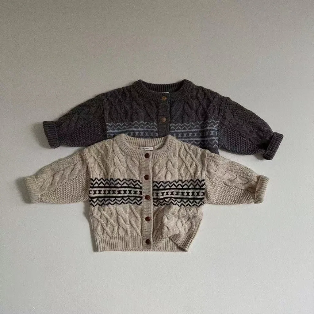 Autumn New Baby Long Sleeve Sweater Coat Cotton Boys Girls Vintage Knitted Cardigan Jacket Infant Toddler Versatile Casual Tops