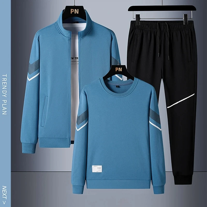 M-6XL Men's Tracksuit Solid Sportwear Jogging Cotton Gym 3pcs Set Cardigan Pullover Sweatpants Jacket +T-shirt+Pants