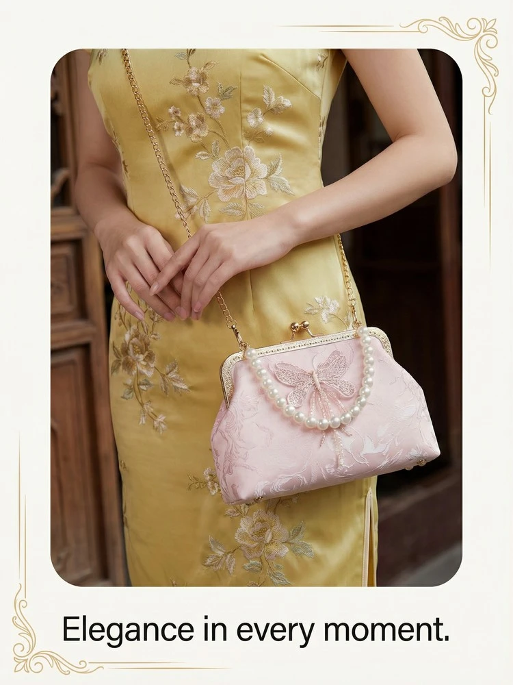 Chinese Style Butterfly Embroidery Clutch Vintage Lace Kiss Lock Handbag Elegant Evening Bag with Gold Chain for Women