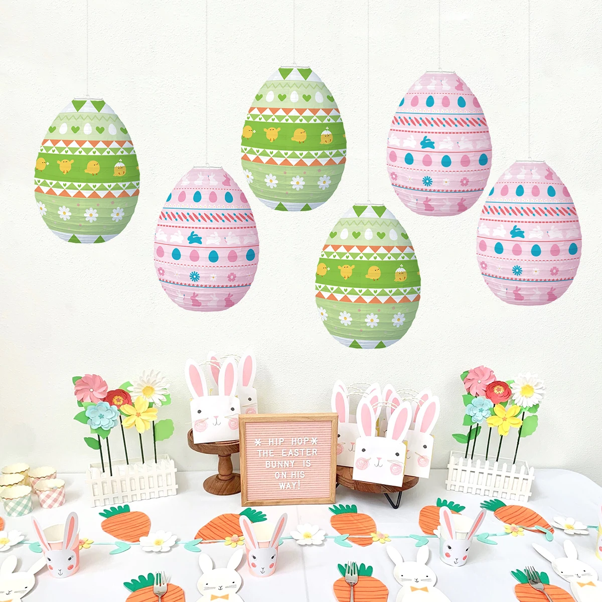 

Розовые пасхальные бумажные фонари в виде яйца, мультяшный кролик, Цыпленок, подвески, морковь, кролик, счастливый Пасхальный день, Декор для дома, 2024