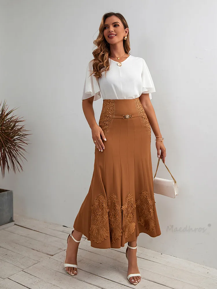 Elegant Long Skirts for Women Flower Net Stitching Top High-waisted Skirt Ladies Evening Party Dresses Luxury Vintage Maxi Skirt