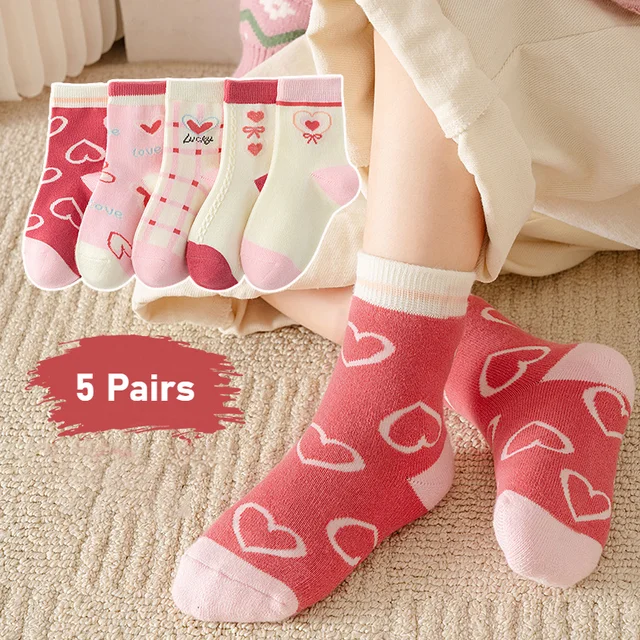 5 paires automne hiver nouvelles filles Ins Style mignon doux imprimé dentelle enfants mode tout confortable chaud coton chaussettes 1