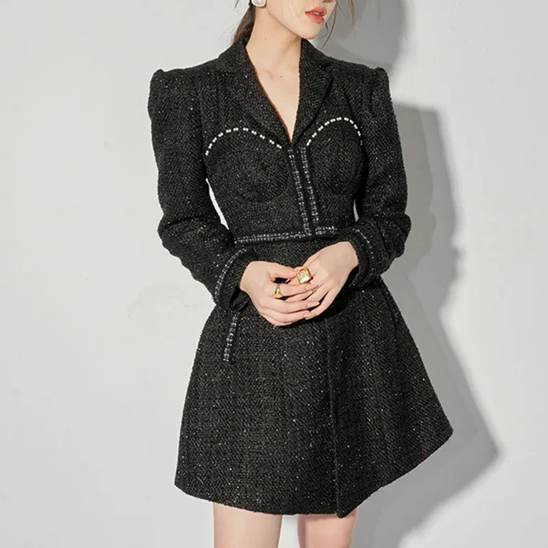 Women  Autumn Winter Tweed Long Sleeve Coat+ Mini Skirt Set Small Fragrance Black Fashion Chic Elegant Party Two-piece Lady Suit