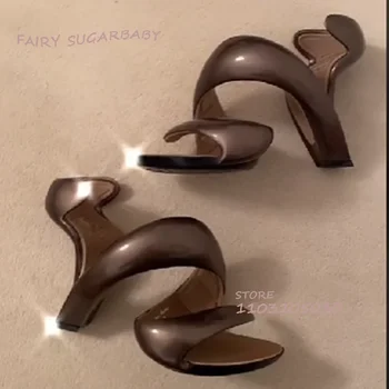 Dark Brown Graffiti Snake Hollow Sandals Woman Strange Heel Open Stiletto Red Winding Round Pump Sexy Girl Woodgrain Party Shoes 1