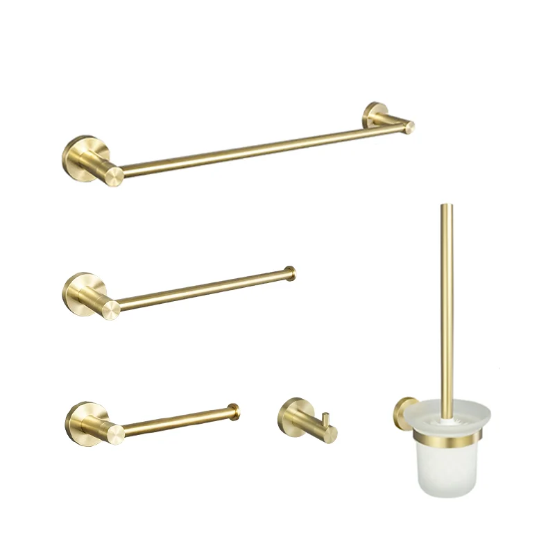 Bathroom Hardware Accessories Set Brushed Gold Stainless Steel Kit Towel Bar Ring Robe Hook Paper Holder Towel Ring Toilet Brush